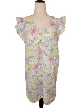 Joie White Floral 100% Linen Ruffle Sleeve Shift Dress Size Small